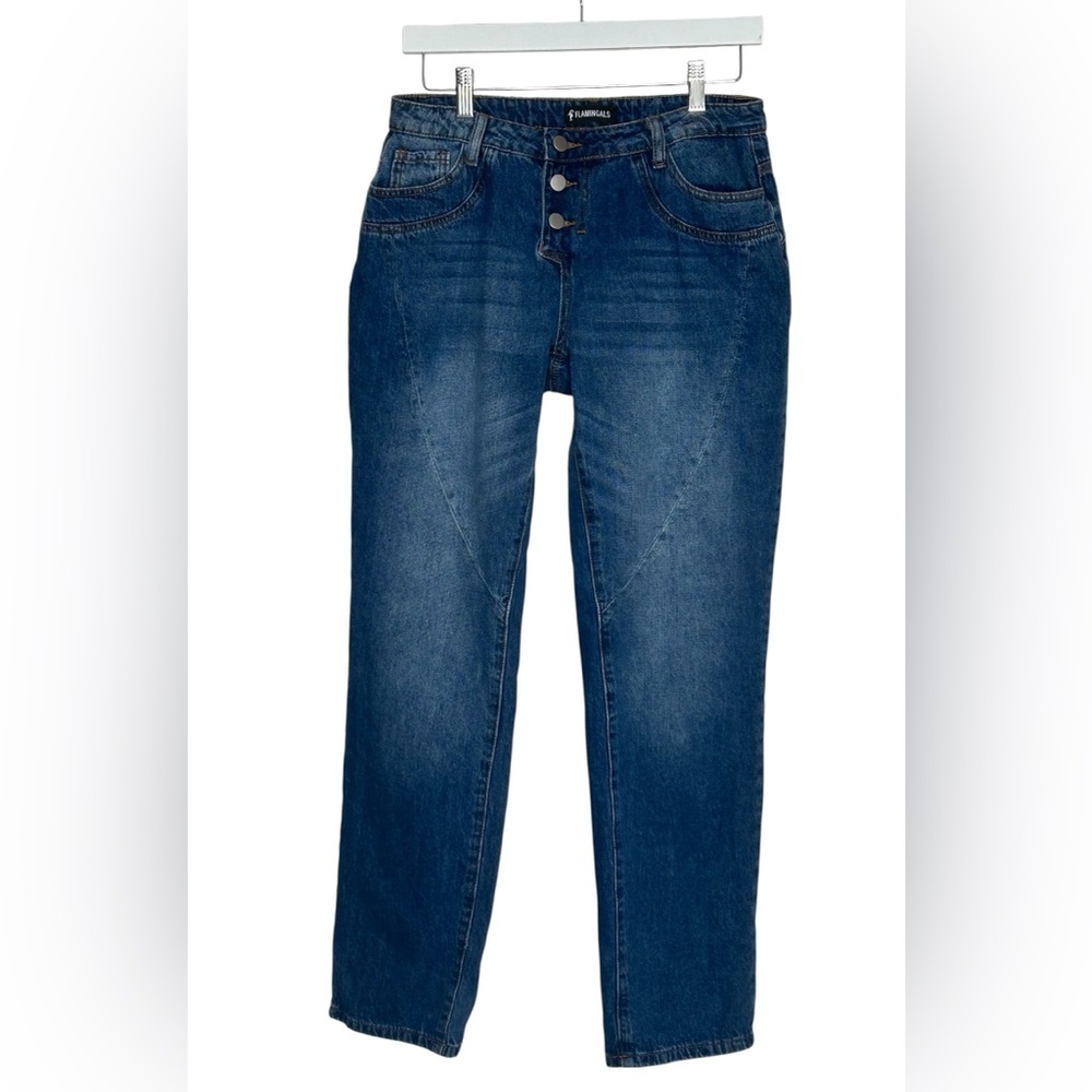 Flamingals Women’s Straight Button Fly Moto Jeans EUC Sz Med Denim 90s